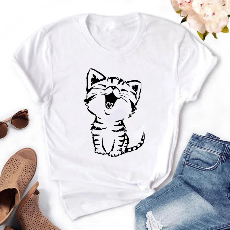 Ladies Casual O-Neck T-shirt, Top, Fun Cat Print, Short Sleeve, Summer, New Fashion T-shirt, HH08 Street Wear Extra Size