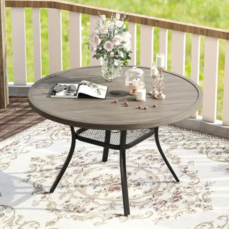 Outdoor Round Patio Table for Lawn Garden, All Weather Metal Round Outdoor Dining Table with Adjustable Umbrella Hole, 6 Person