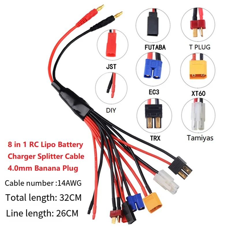 Eight in One RC Lipo Battery Charger Splitter Cable Adapter Connector 4.0mm Banana Plug to JST T Plug XT60 EC3 Futabas Tamiyas