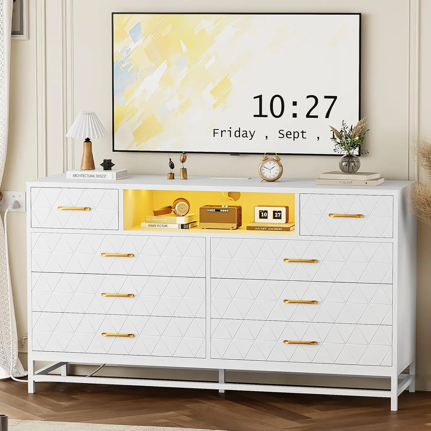 8 Drawer Dresser For Bedroom, White Dresser With Led Light, 55 Inch Tv Stand Dressers With Power Outlet, Large Dresser Bedroom