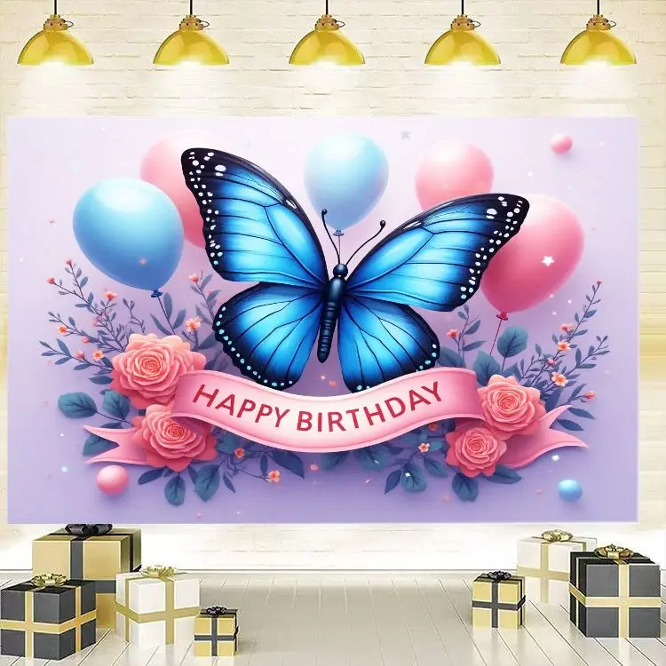 VIKAMA Butterfly Happy Birthday Backdrop Tapestry Purple Floral Balloon Wall Hanging Birthday Party Photography Decor
