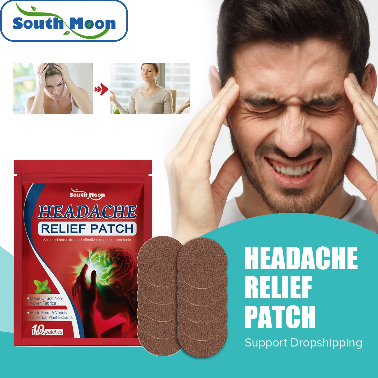 

South Moon Migraine Relief Patch Improve Pain Mental Anxiety Insomnia Relieve Stress Nerve Relax Dizziness Headache Care Plaster