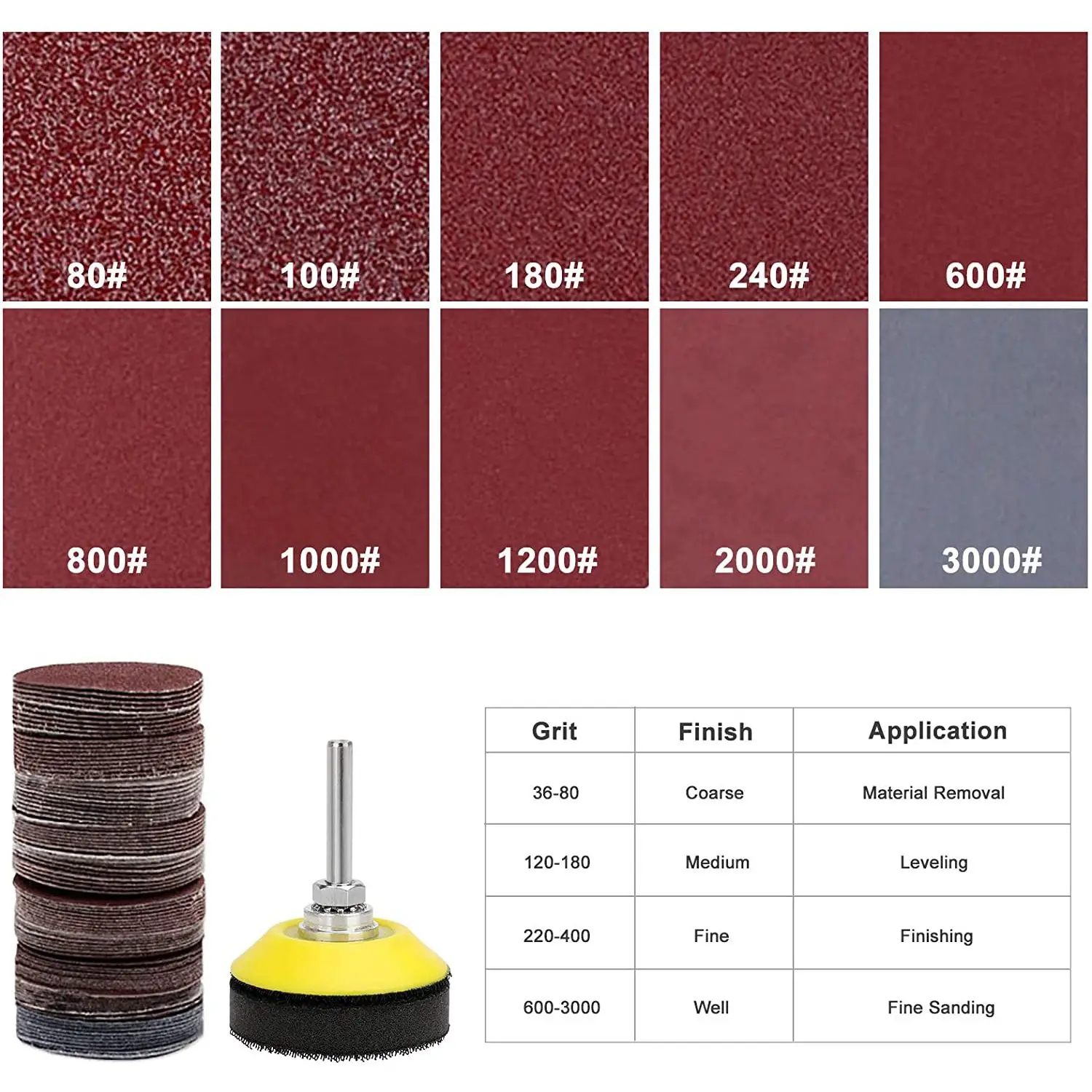 Discos de Lixar Pad Kit com Almofada de Espuma, Lixa de Gancho e Loop, Griits Lixar Discos para Ferramentas Rotativas, 50mm, 200Pcs