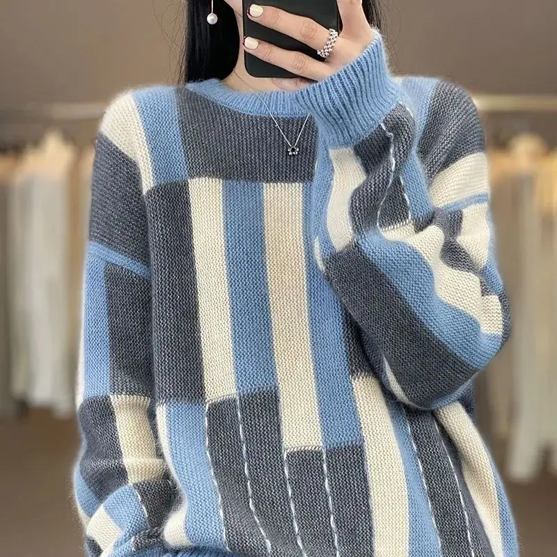 Female Clothing Patchwork Geometric Sweaters 2023 Autumn Winter Vintage Fashion Contrasting Colors Casual O-Neck Knitted Jumpers