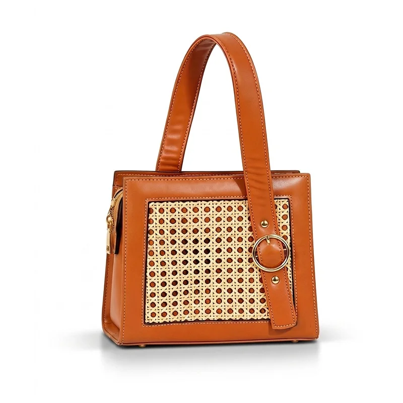 

Fashionable Rattan Woven Bag Square Brown Handbag Simple Casual Single Shoulder Crossbody Bag Leather Splicing Tote Bag