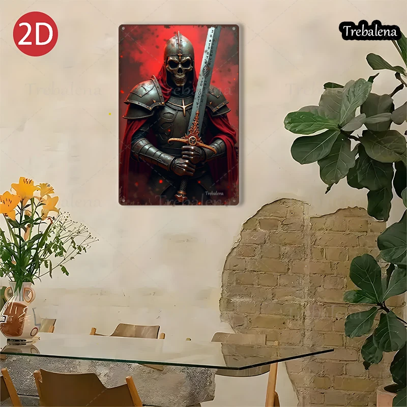 1 peça 2d plano 8*12 polegadas sinal de metal crânio cavaleiro com espada guerreiro medieval decoração de arte