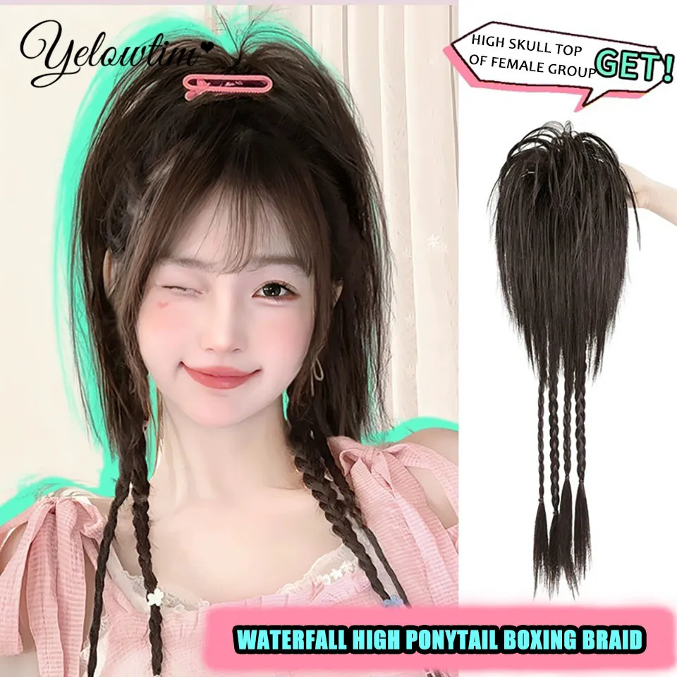 YELOW Braids Wigs Long Hair For Women Color Pigtails Hip Hop Twist Gradient Color Ethnic Style Three-strand Dirty Braids Ponytai