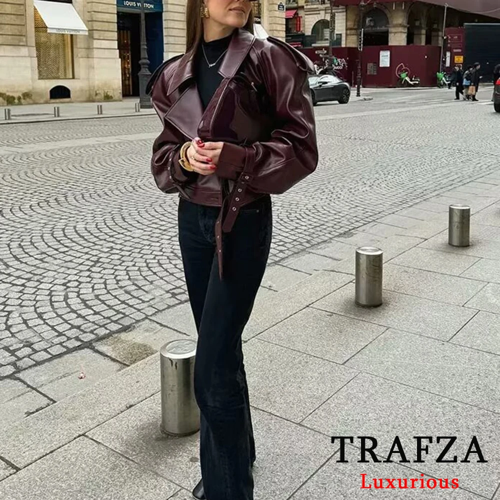 TRAFZA Vintage Chic Claret Leather Jackets Women V Neck Long Sleeve Sashes Faux Leather Coats Fashion 2024 Autumn Winter Outwear