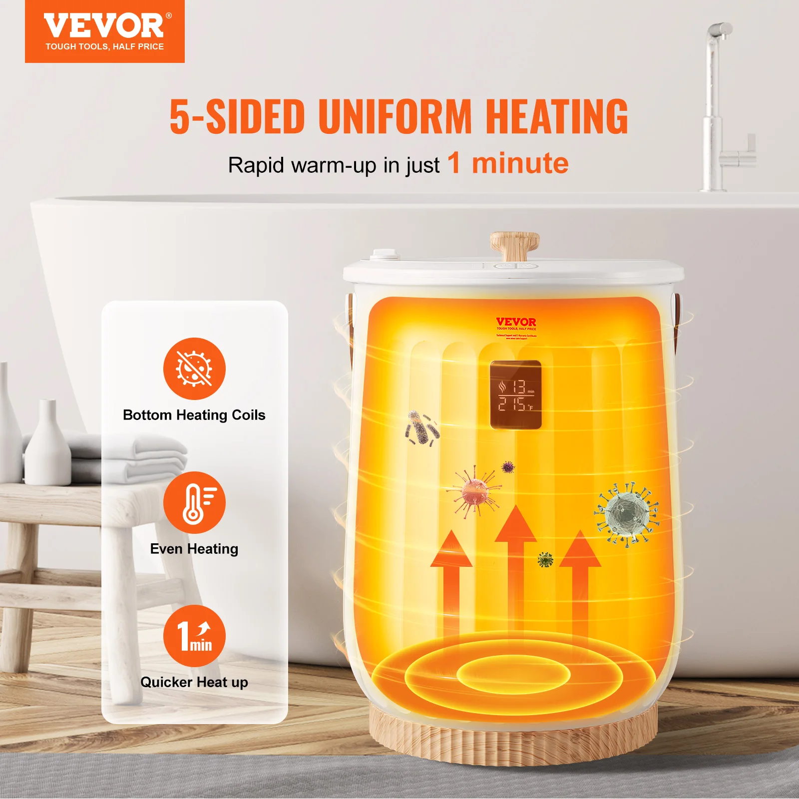 Imagem -02 - Vevor-grande Balde Aquecedor de Toalha com Tela Led Desligamento Automático Bloqueio de Segurança Infantil Calor Ajustável 4-level Time 20l