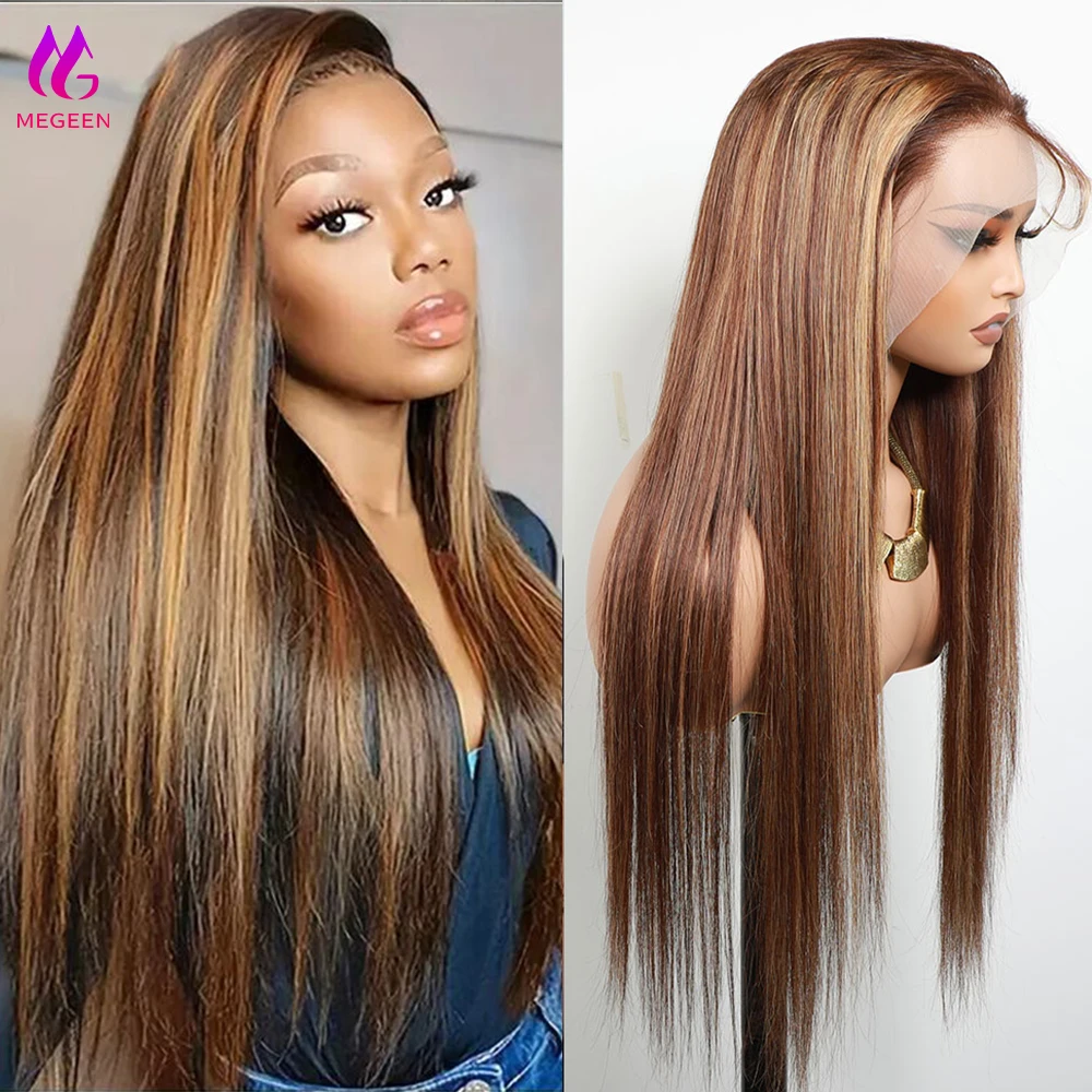 

Megeen 13X4 Lace Frontal Wig Lace Front Wig 100% Human Hair Highlight P4/27 Colored Straight Human Hair Pre Plucked Honey Blonde