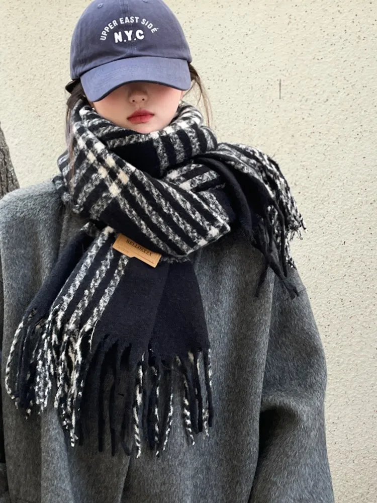 

Синий клетчатый шарф для пар и девочек, зимняя высококачественная шаль из искусственного кашемира, универсальный утеплитель для шеи