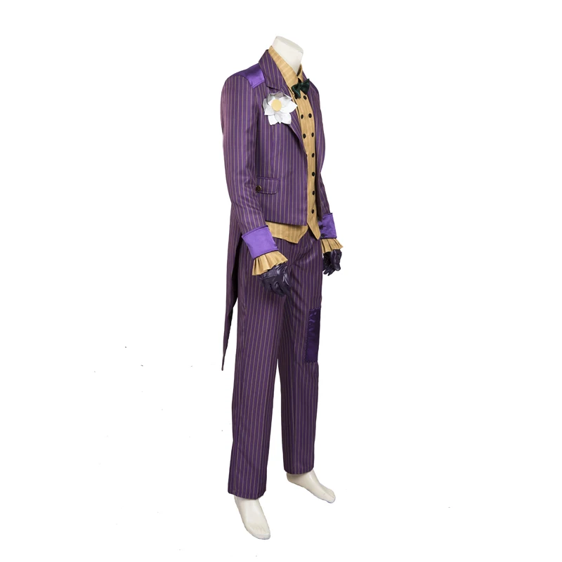 Gioco Halloween Purple Stripes Suit Arkham Knight Joker Cosplay Outfit con corpetto camicia gialla festa di carnevale su misura