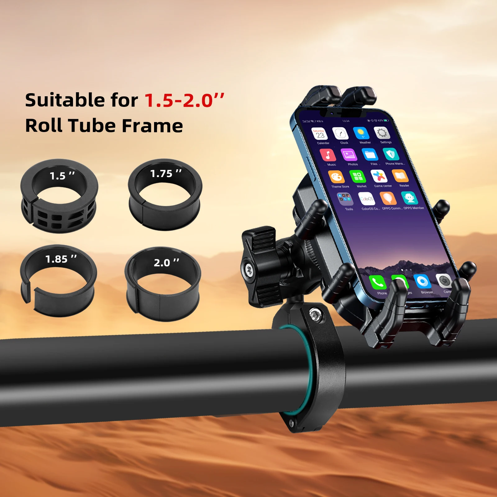 Roykaw UTV/ATV/SXS Phone Holder Mount w/ Vibration Reduction, One Hand Use, for 1.5-2'' Round Frame & 5.4-7.2'' Phone