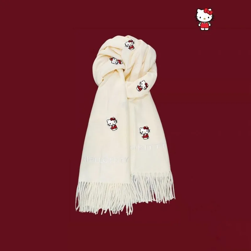 

Hello Kitty Sanrio Cartoon Embroidered Scarf Winter Warm Fringe Shawl for Women Exquisite gifts for girls