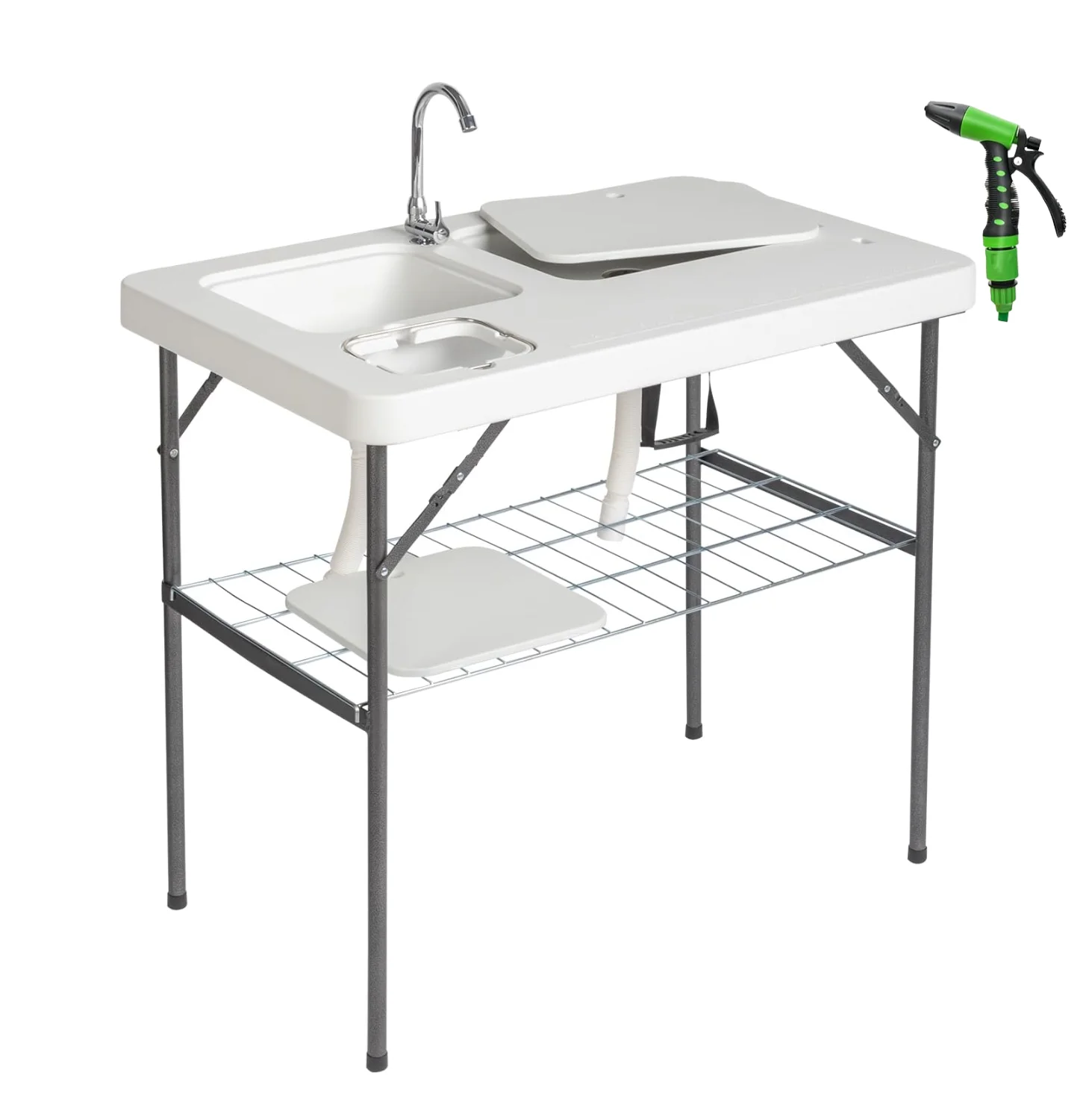 

High quality outdoor camping folding fish cleaning station with 2 sinks sprayer storage net