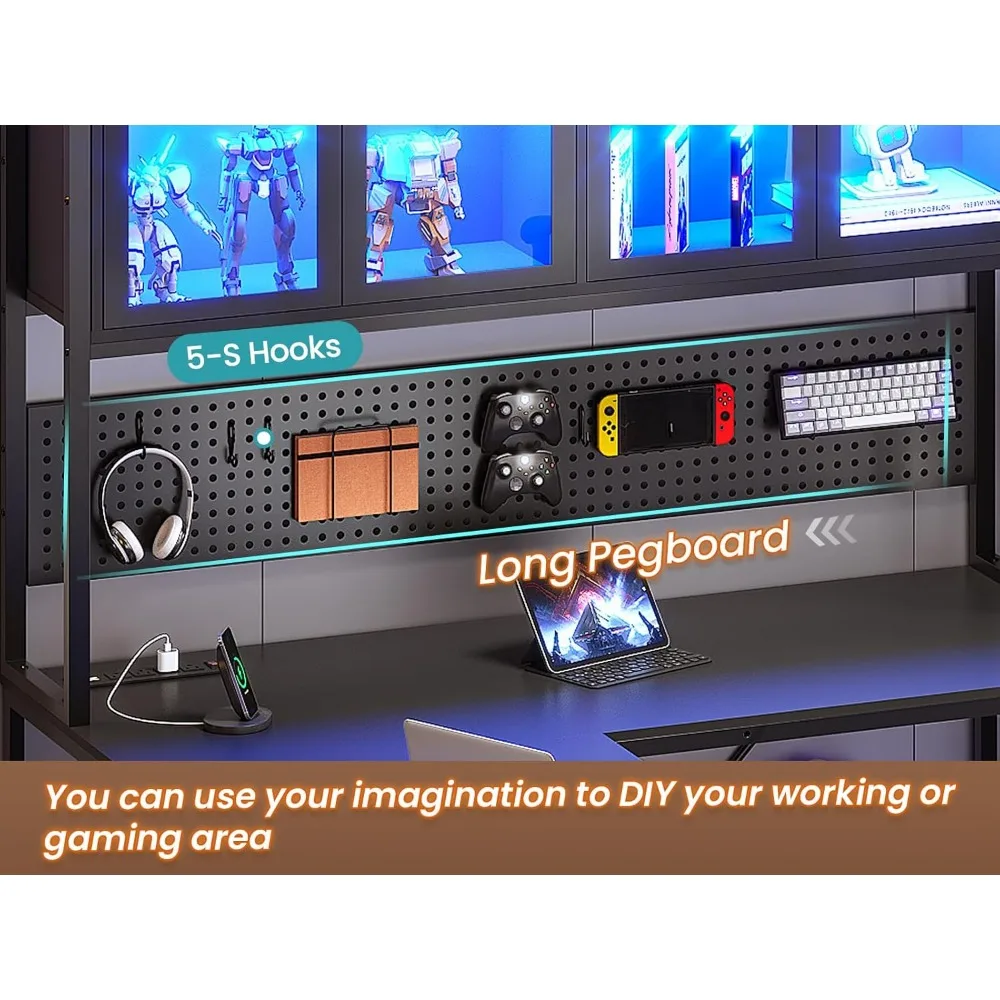 مكتب ألعاب على شكل حرف L مع أدراج، مكتب كمبيوتر على شكل حرف L مع أرفف تخزين، مكتب ألعاب مع لوح بيجبورد، LED #6