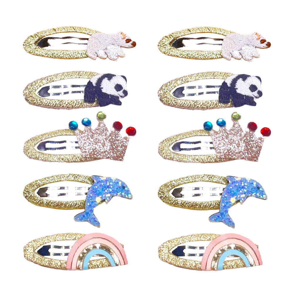 

10Sets Glitter Crown Rainbow Dolphin Snap Clips Embroidery Panda Polar Bear Barrettes Fashion Headwear Boutique Hair Accessories