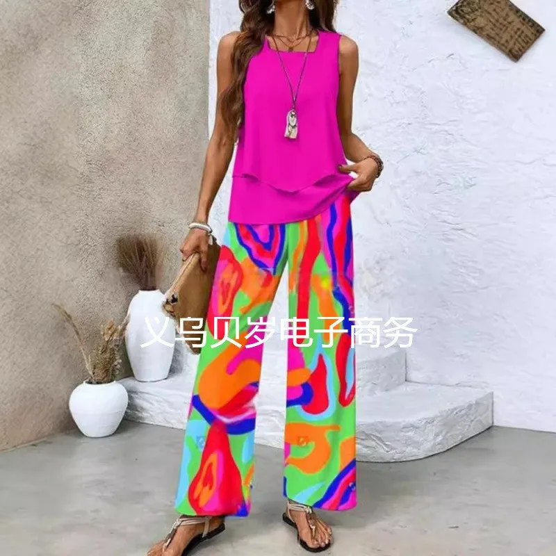 

2 Pieces Set For Woman Tank Top Summer Square Neck Vest High Waist Wide Leg Sleeveless Top Two Piece Pastel Green Camisole