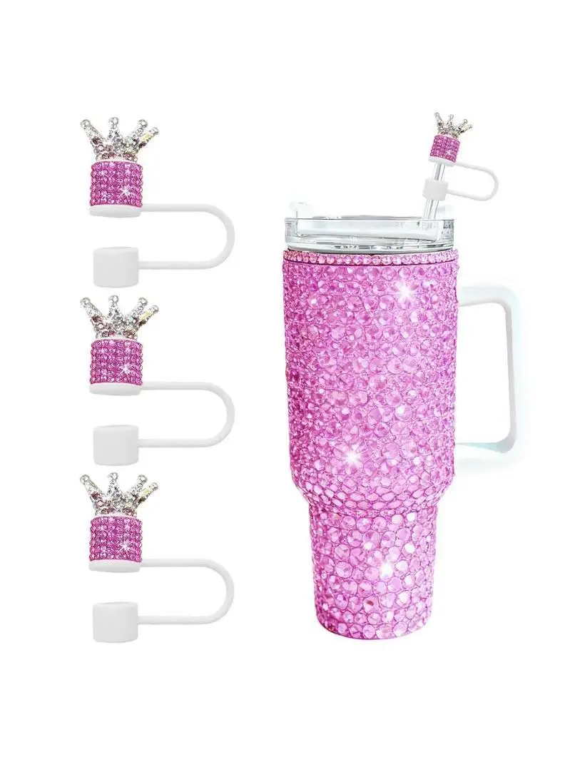Juego de adornos de paja Crown Diamond para tazas, fundas de paja ostentosas con diamantes de imitación brillantes para vasos de 30 y 40 Oz, para princesa