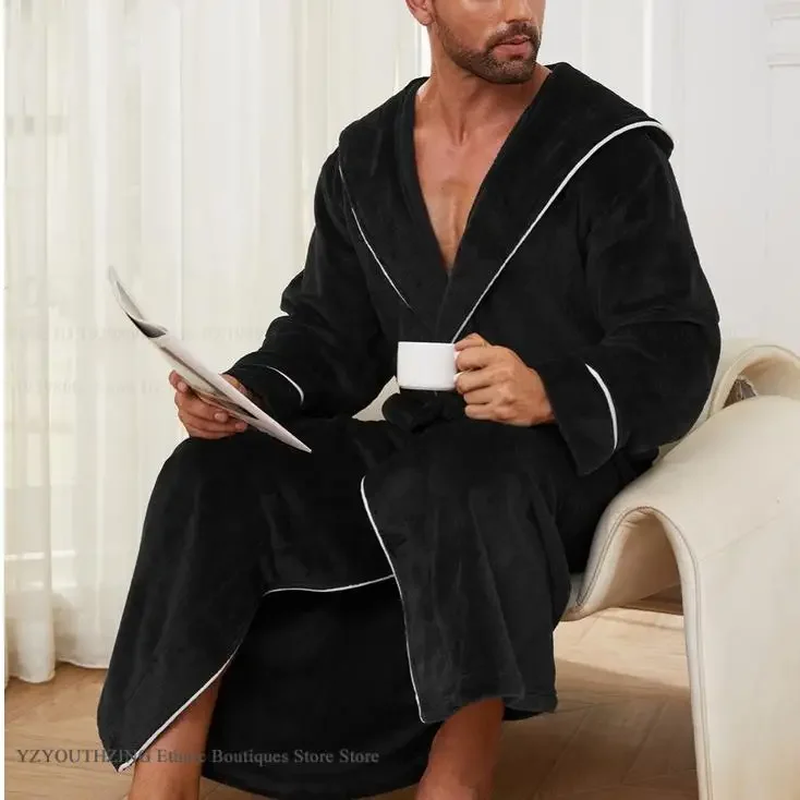 

Winter New Flannel Men Hooded Long Robe Sleepwear Thicken Warm Coral Fleece Bathrobe Kimono Gown Nightwear Loose Male Loungewear
