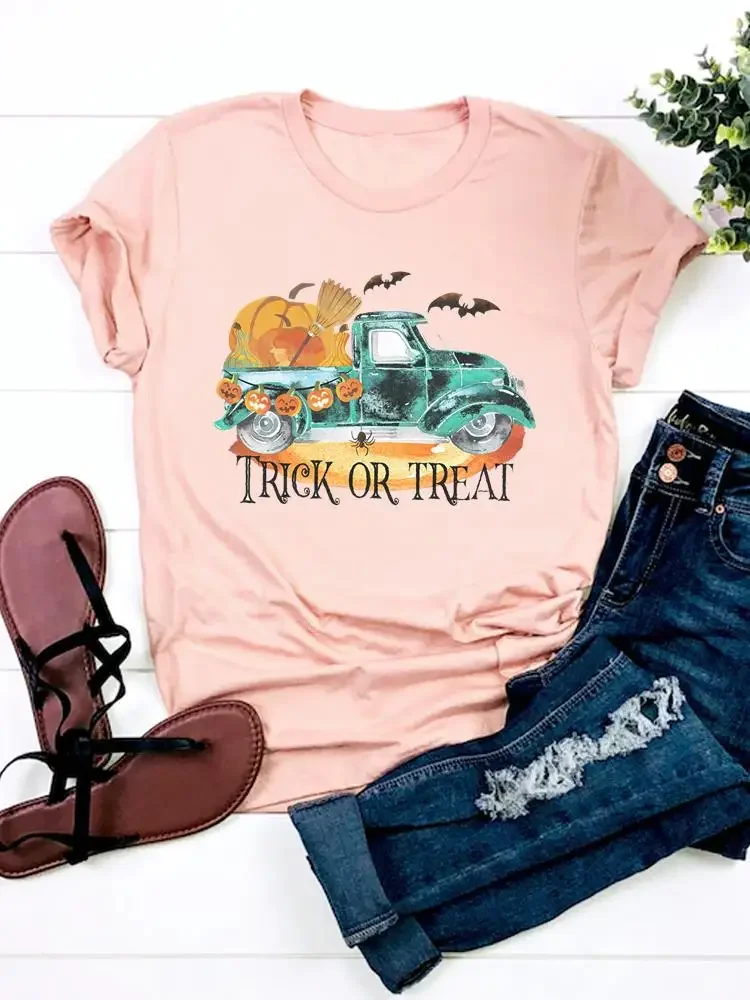 Tee Top Clothes Halloween Fall Autumn T-shirt Ladies Truck Cartoon Cute Thanksgiving Basic Women Graphic Print T Shirt Clothing