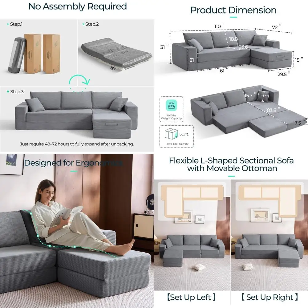 

Большой серый раскладной диван-кровать с 2 подушками и пуфиком, L-образный диван для гостиной, с улучшенной спинкой