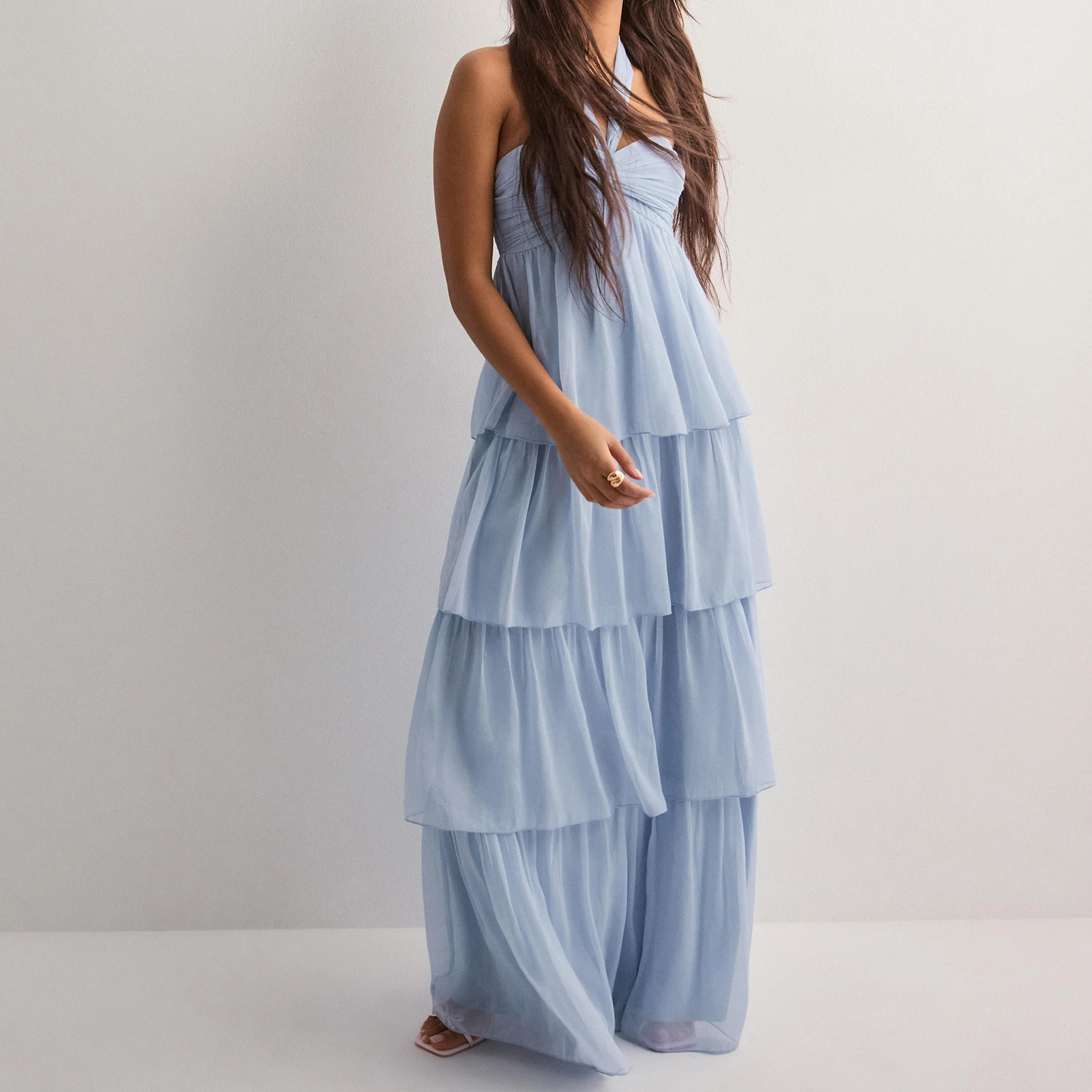 Vestido longo sem alças feminino moda sem mangas em camadas bainha tubo vestido de praia de verão