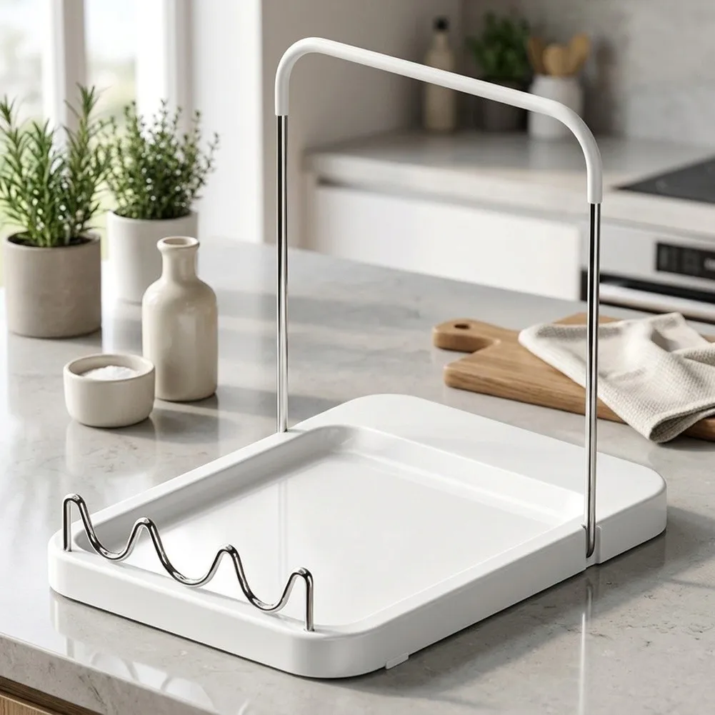 Kitchen Lid Holder with Foldable Structure and Wavy Spoon Rest for Efficient Stovetop and Counter Organization