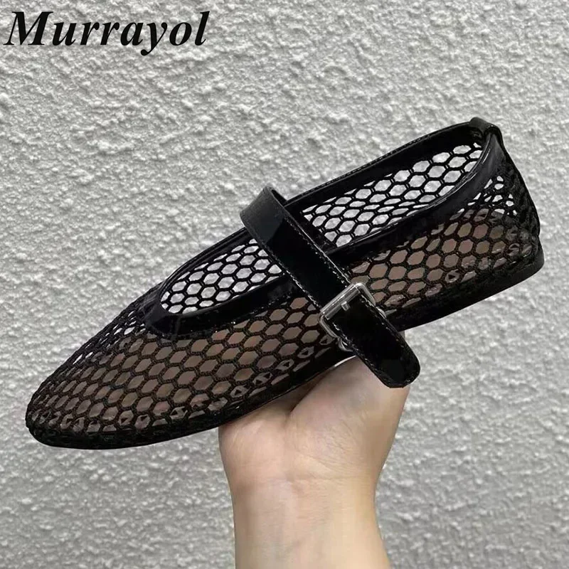 

Belt Buckle Design Ballet Shoes Women Mesh Rhinestone Decor Hollow Out Flat Loafers Spring Summer Single Shoes Mary Jane Shoes