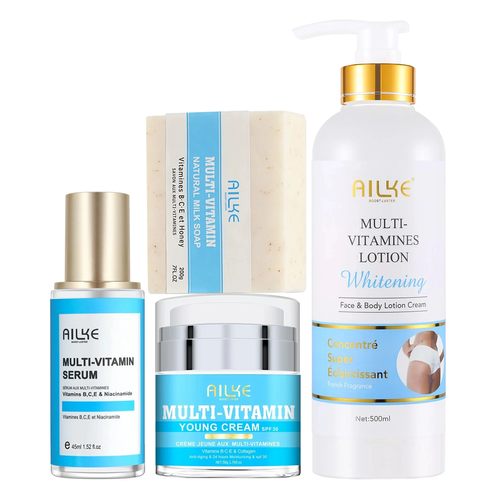 

AILKE Multi-Vitamin Whitening SkinCare Kit, Reduce Black Spots, Fast Absorb, Moisturize, Clean Stains, for All Skin Types