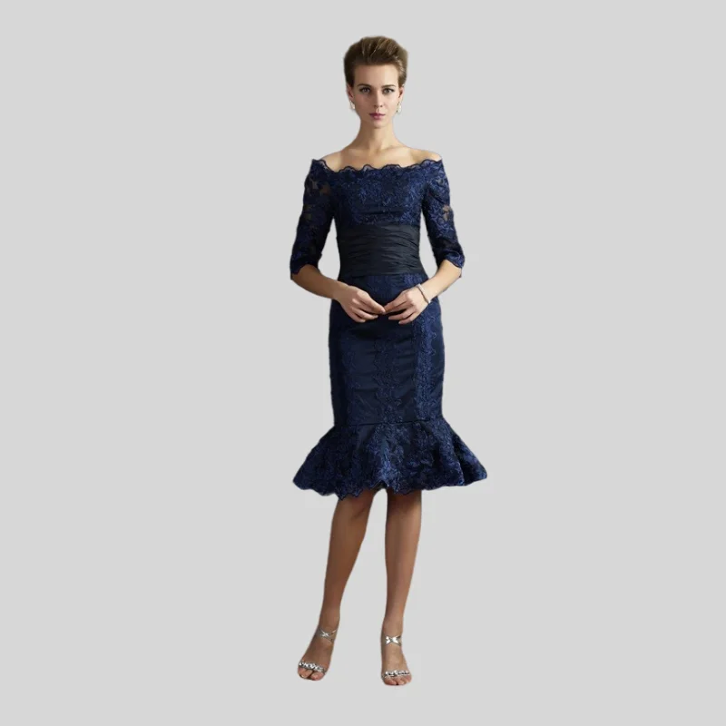 

Navy Blue Mother Of The Bride Dresses Mermaid Half Sleeves Appliques Plus Size Short Groom Mother Dresses For Wedding