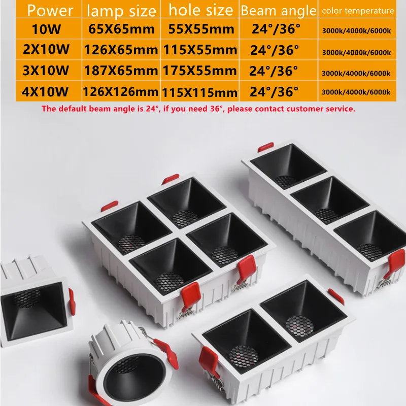 Kwadratowe wpuszczane oprawy LED typu downlight lampy sufitowe przeciwodblaskowe lampy na kratkę Możliwość przyciemniania 2X10W3x10W domowe