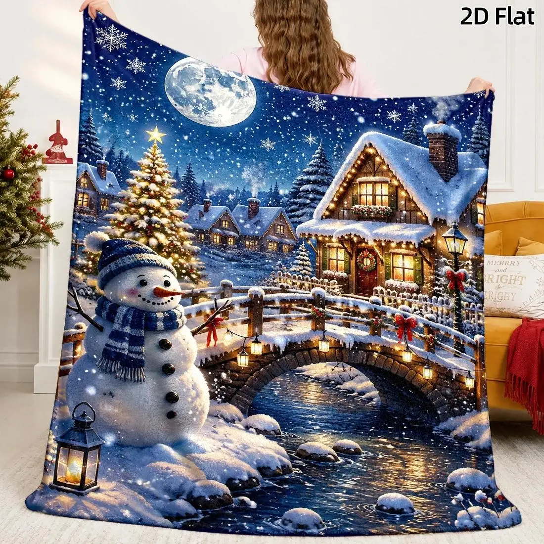 1pc 2D Flat DIY Coloring Throw Blanket, Snowman Christmas Tree Line Art, Watercolor Village Dark Blue Golden Sky Decor Blanket