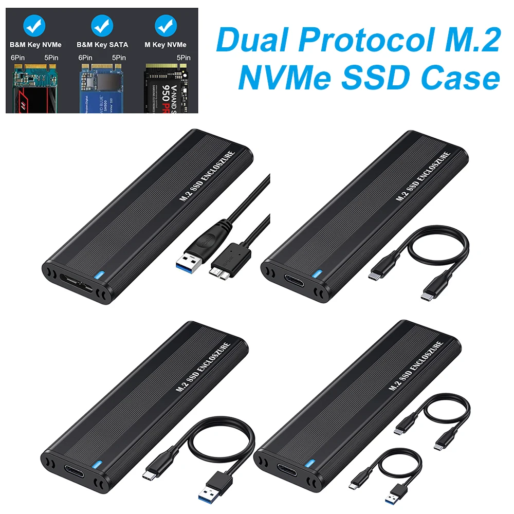 M.2 NVMe SSD Enclosure Dual Protocol NVME SATA M.2 to USB Type C 3.1 SSD Adapter 10Gbps for 2230/2242/2260/2280 M2 NGFF NVMe SSD