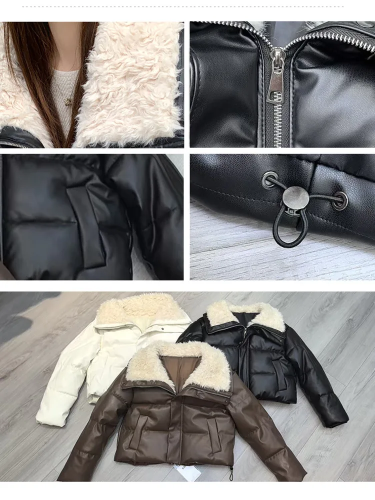 

2025 Chic Large Fur Collar Fake Lambskin Leather Jacket 2025 New Women Autumn Winter Jacket Coat Korean Loose Cotton Jacketes