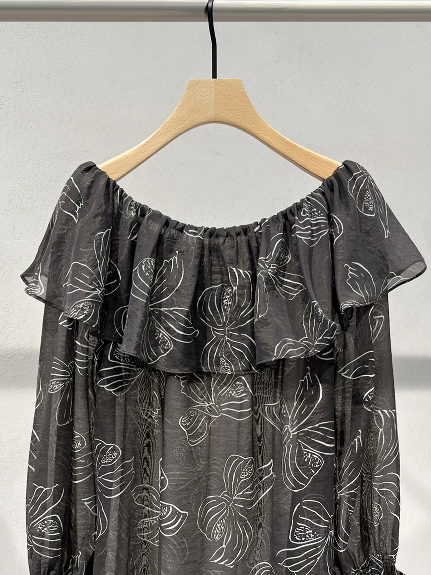 

Ele Floral Print irt Collar Blouse Bubble Sve Long Sve Simple Sle Loose Fit Women's Top for Daily Wear