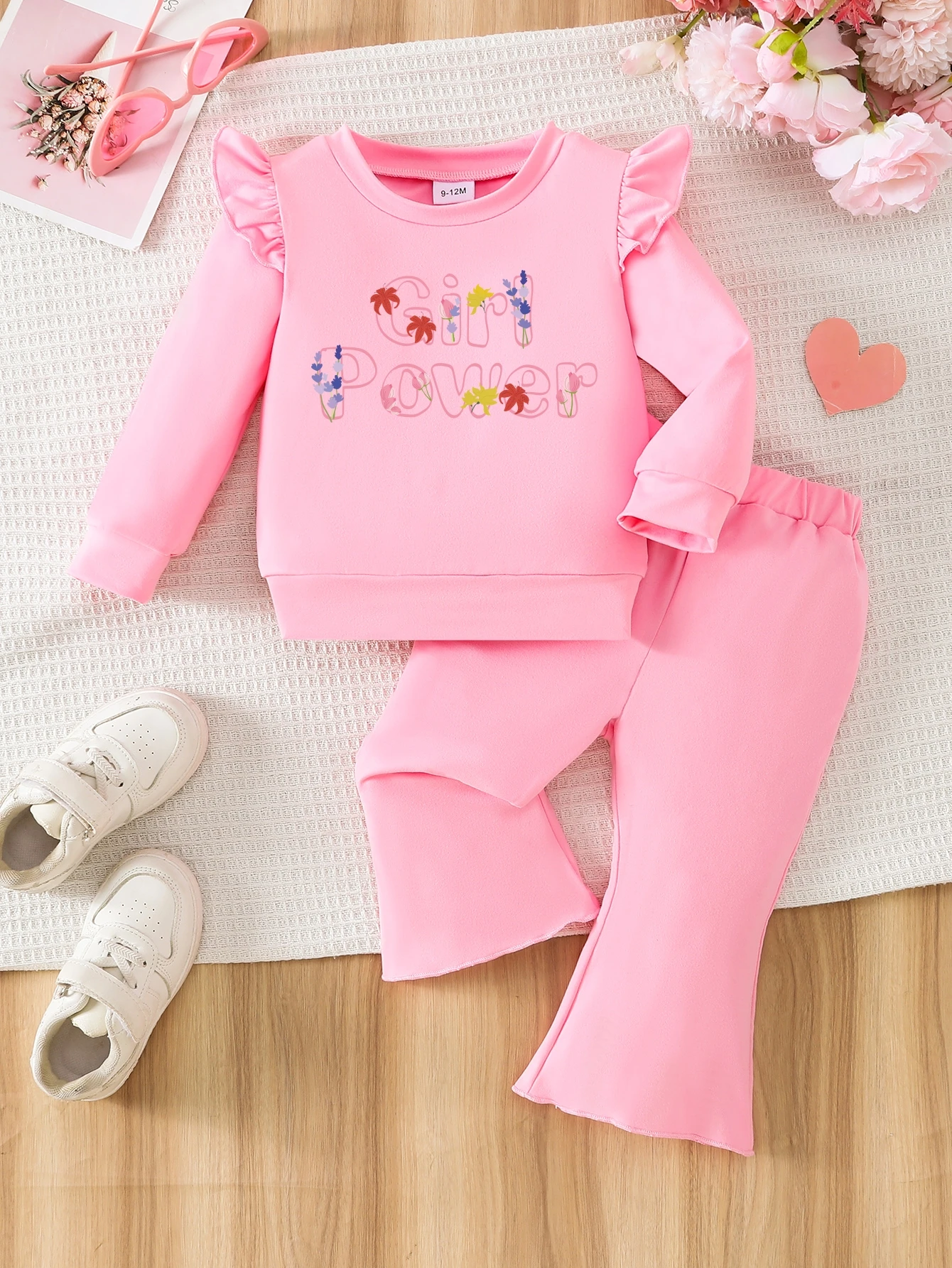 Toddler Girl 2Pcs Outfit 6M-3Y Girl Power Floral Print Ruffle Sweatshirt Flare Pants Pink Kids Casual Clothes Set