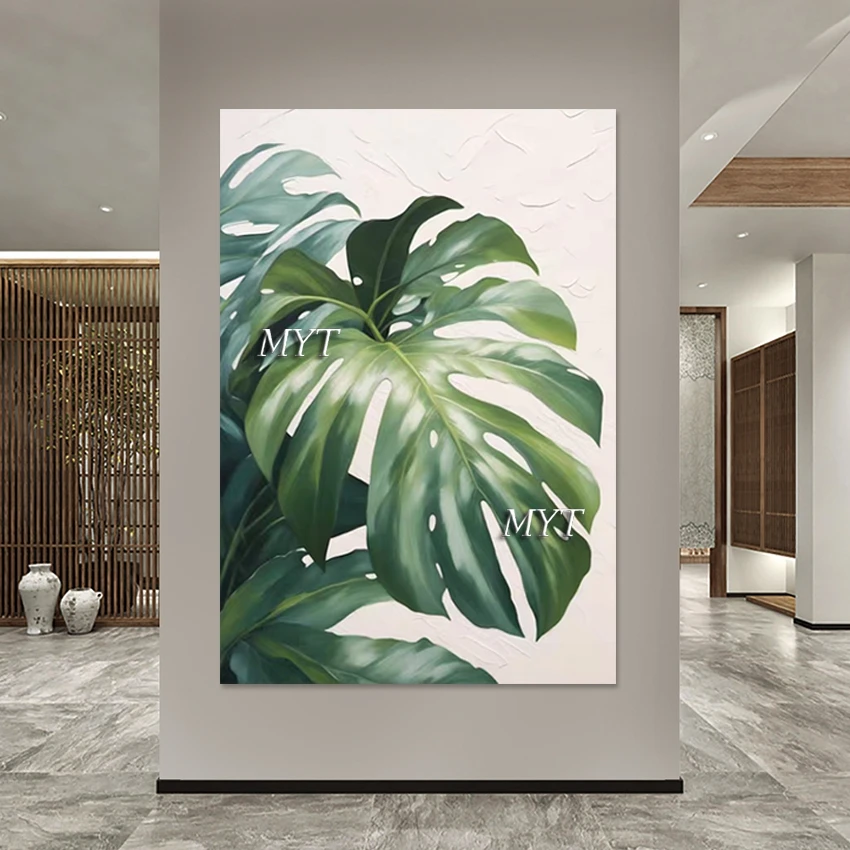 Plant Green Leaf Abstract Oil Paintings, Modern Decoration Wall Artwork, Still Life Art Scenery Picture Frameless Canvas Roll