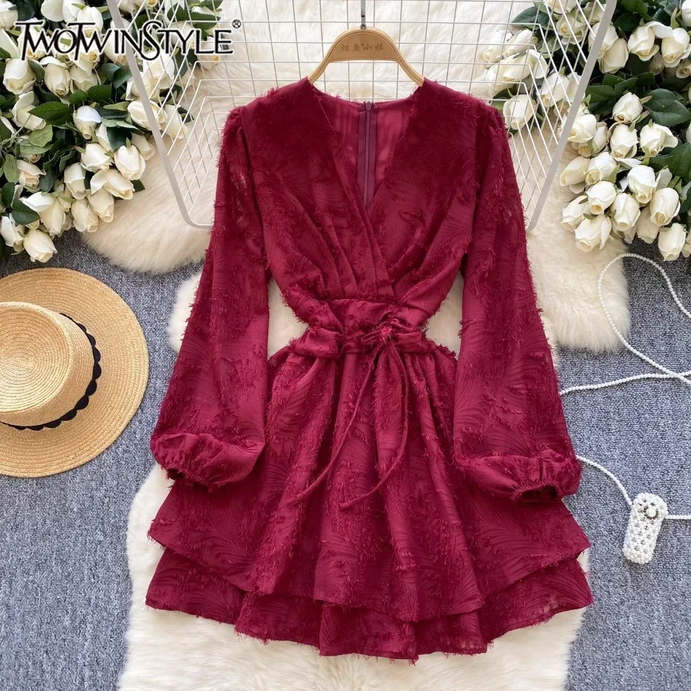 TWOTWINSTYLE Solid Elegant Dress For Women V Neck Long Sleeve Patchwork Lace Up Embroidery Mini Dresses Female Fashion KDR523839