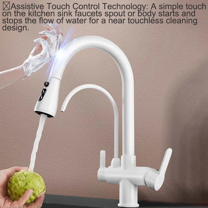 White Touch Filter Kitchen Faucets with Pull Down Sprayer Hot Cold Pull Out Kitchen Mixer Tap Sensor Touch Filter Kitchen Faucet