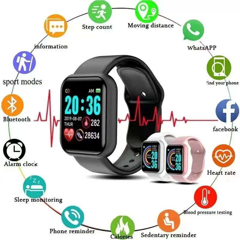 Relógio inteligente multifunções para homens e mulheres, pedômetro real, smartwatch esportivo para crianças, controle de mensagens e música, calorias passo