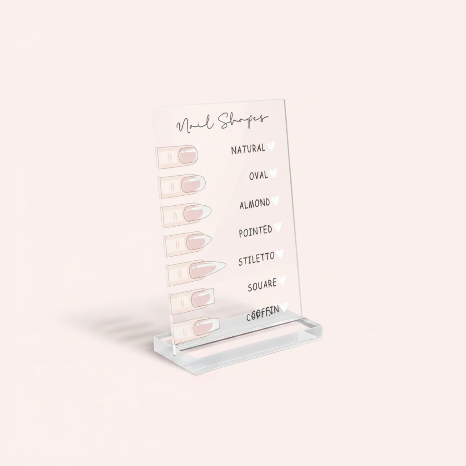 Nail Shape Sign with Base Clear Manicure Shape Reference Chart Easy-to-Read Self-Standing for Manicurists, Beauty Studios