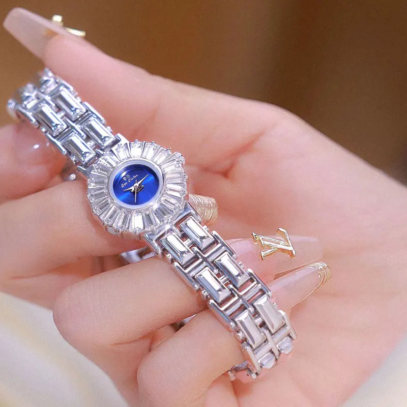 2024 Hot Selling Gemstone Series Blue Dial Luxury Rhinestone Gold Silver Women\'s Watch with Steel Strap Waterproof Quartz Clock