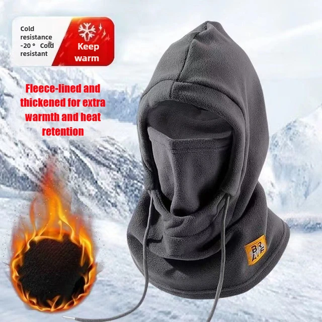 Grey fleece-lined thermal balaclava hood with face and neck coverage for skiing and cold-weather activities