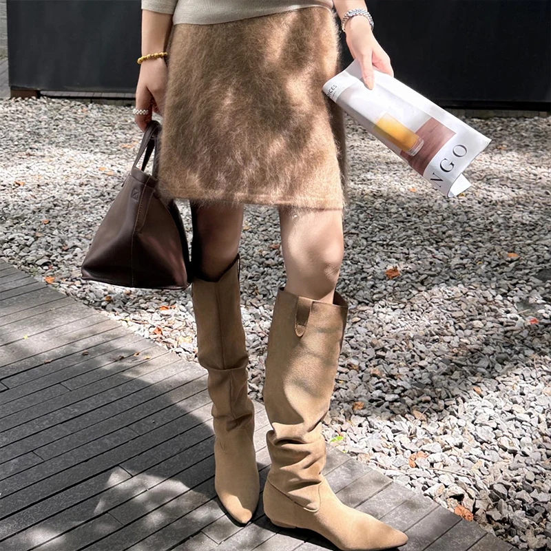 Women Mini Dress Fluffy Long Hair Knitting Elastic Waistband One Size 5 Colors Woolen Dresses For Ladies