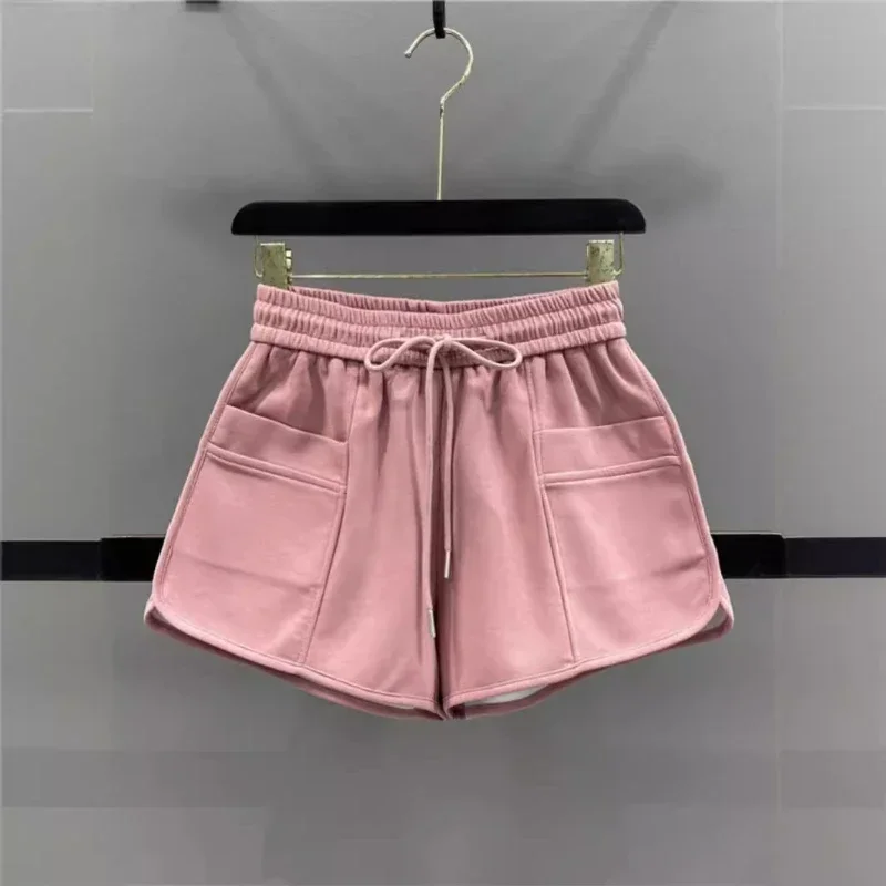Dames Casual Solid Trekkoord Shorts 2025, Nieuwe bodems Hoge taille Wijde pijpen Broek Zakken Alle Match Pantalones Cortos De Mujer