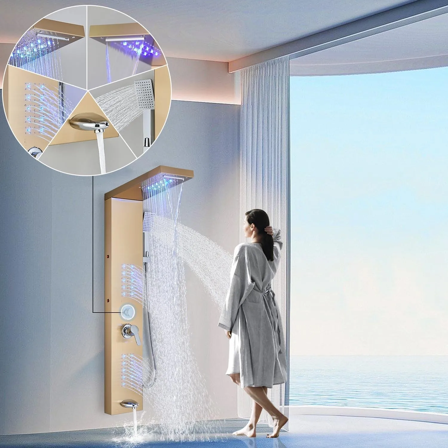 Brushed Gold LED Shower Panel Tower System 5 Mode High Pressure Body Massage Jet