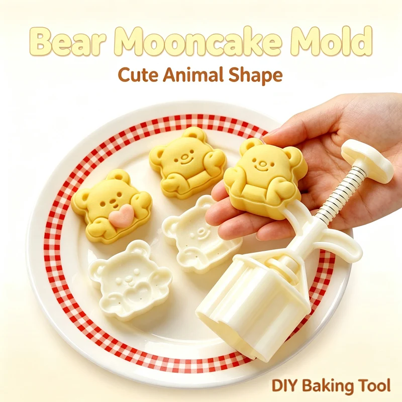 Cute Happy Bear Mooncake Mold Hand Pressed Bean Paste Cake Grinding Tool for Baking Ice-cream Mid-Autumn Festival Christmas Gift