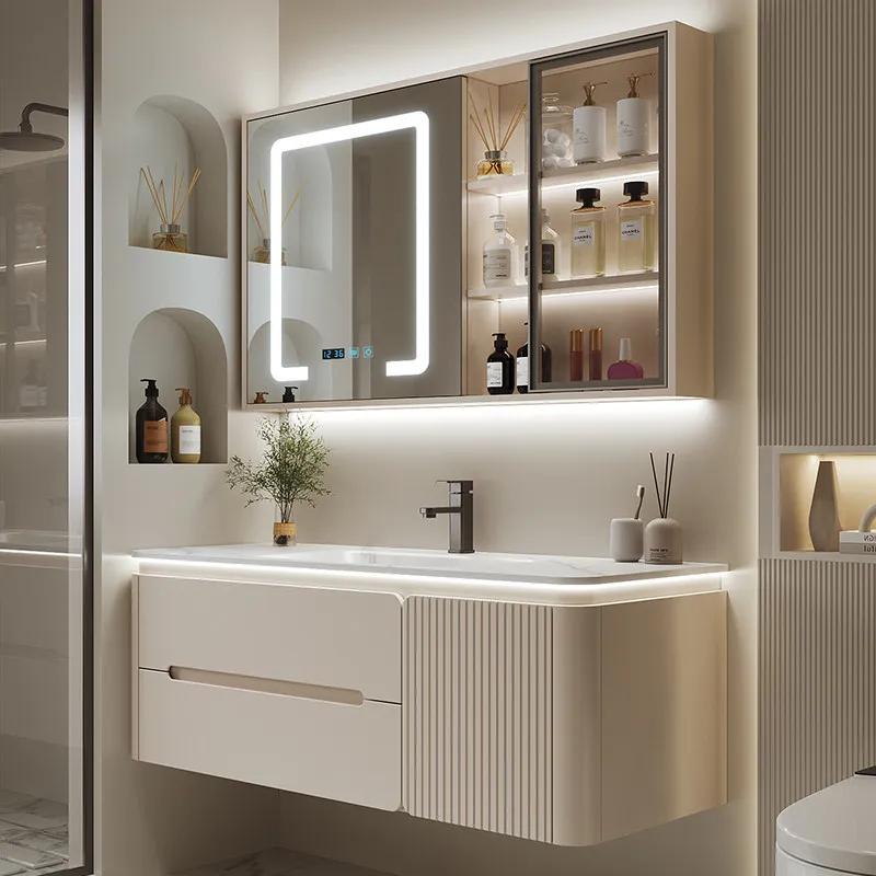 

Hot curved rock slab integrated basin bathroom cabinet combination, bathroom washbasin cabinet, washstand