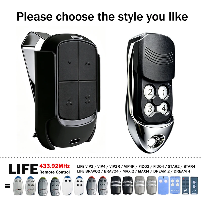 Compatible With LIFE MAXI DREAM FIDO MAXI2 MAXI4 VIP2 VIP4 VIP2R VIP4R BRAVO2 BRAVO4 433.92MHz Gate Remote Control Garage Remote